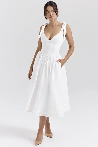 Hattie White Pin Tuck Cotton Midi Sundress