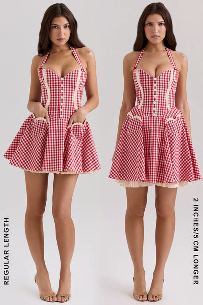 Heidi Red Gingham Cotton Halter Neck Mini Dress
