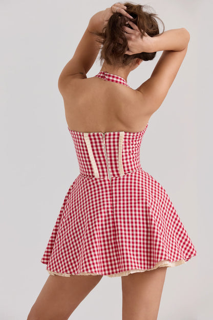 Heidi Red Gingham Cotton Halter Neck Mini Dress