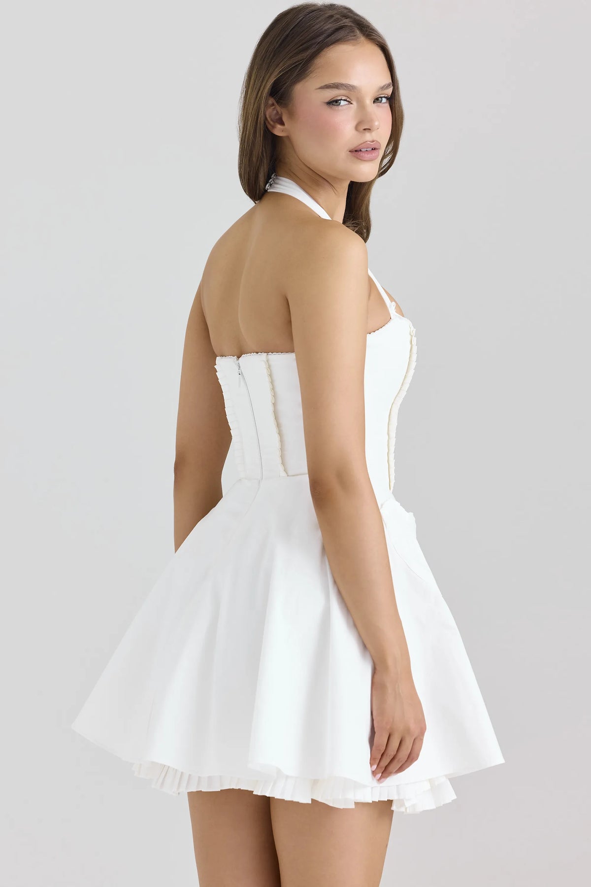 Heidi White Stretch Cotton Halter Neck Mini Dress