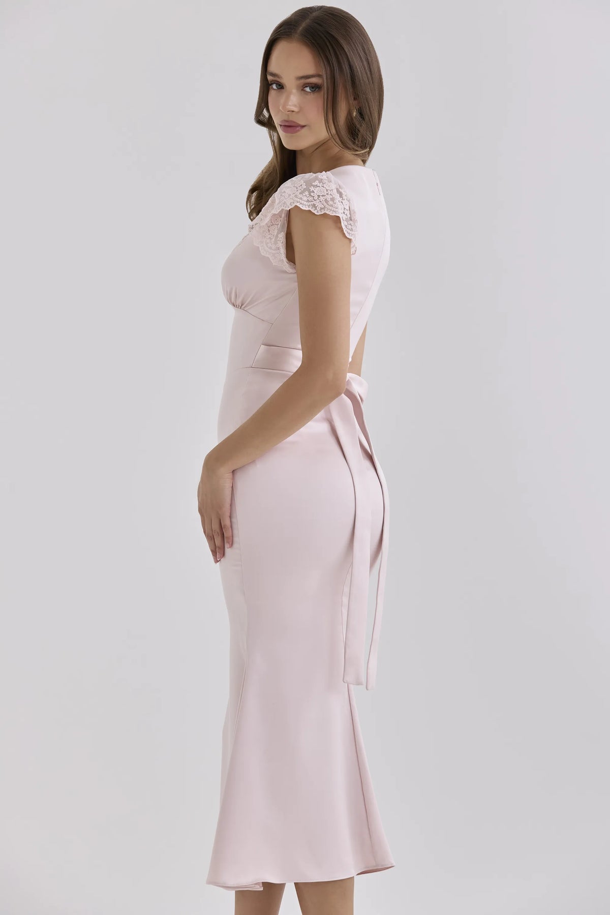 Odessa Pink Satin Lace Trim Midi Tea Dress