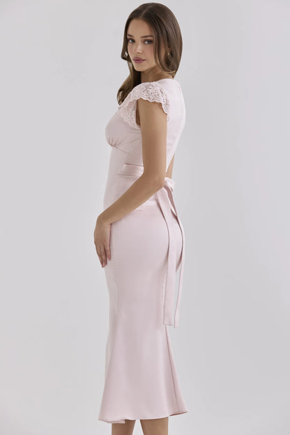 Odessa Pink Satin Lace Trim Midi Tea Dress
