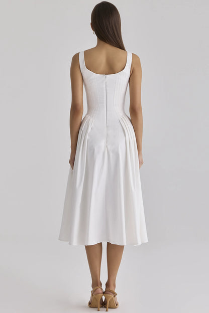Alira White Pleated Cotton Peekaboo Midi Dress