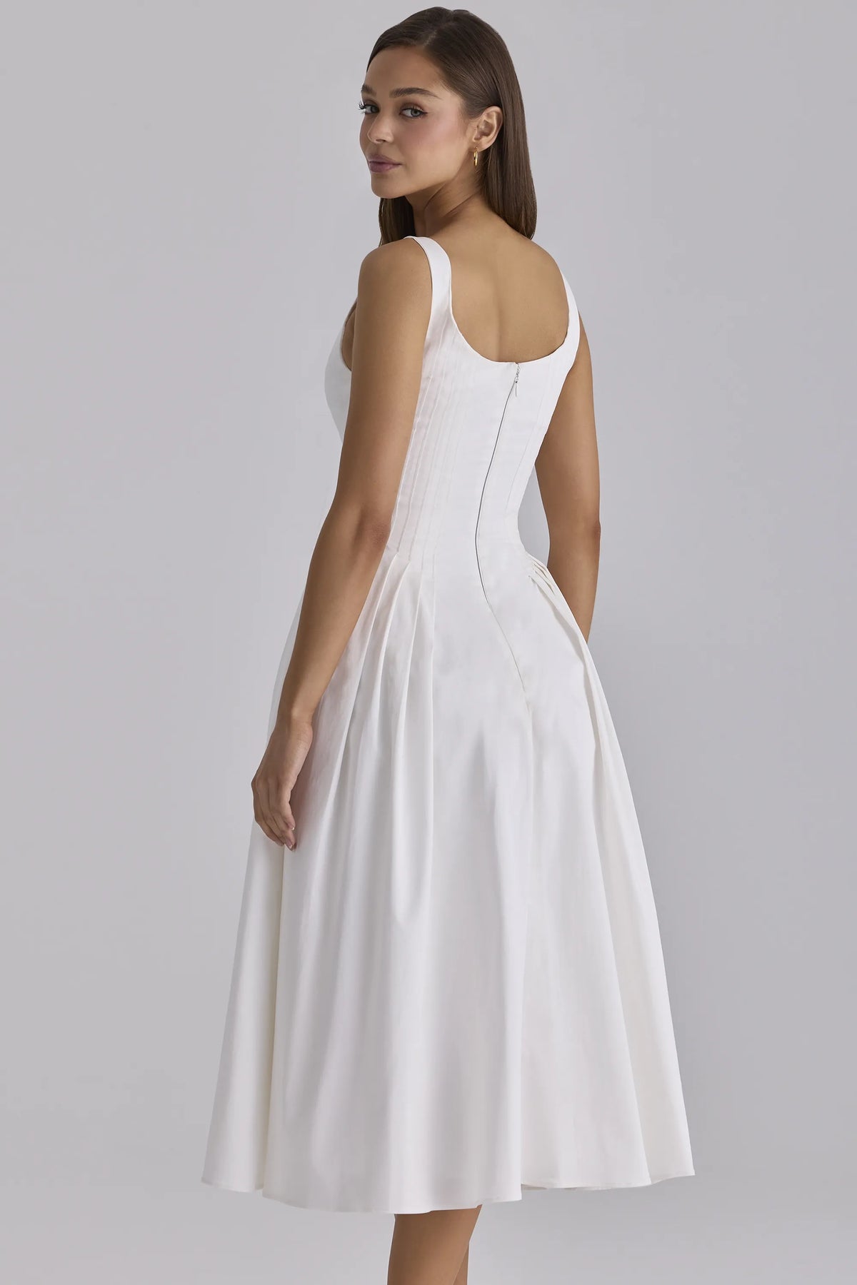 Alira White Pleated Cotton Peekaboo Midi Dress
