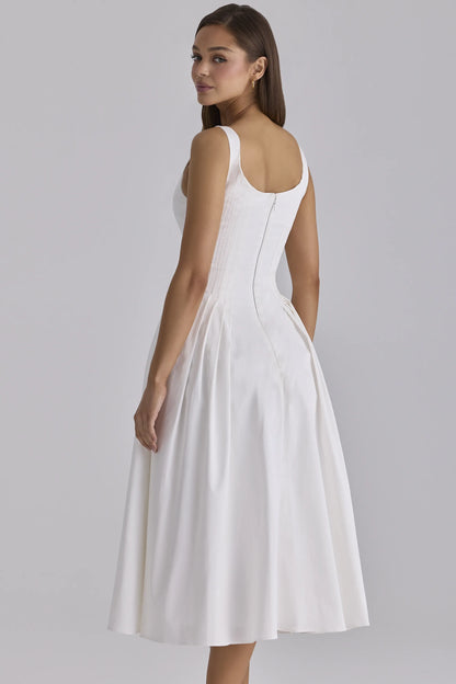 Alira White Pleated Cotton Peekaboo Midi Dress