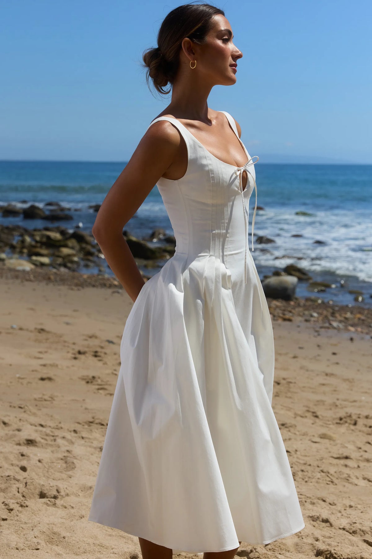 Alira White Pleated Cotton Peekaboo Midi Dress