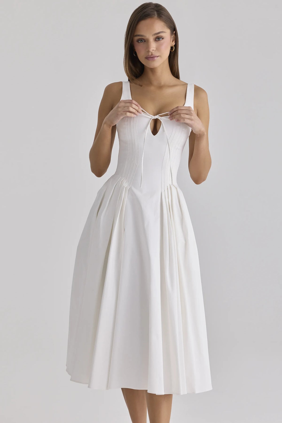 Alira White Pleated Cotton Peekaboo Midi Dress