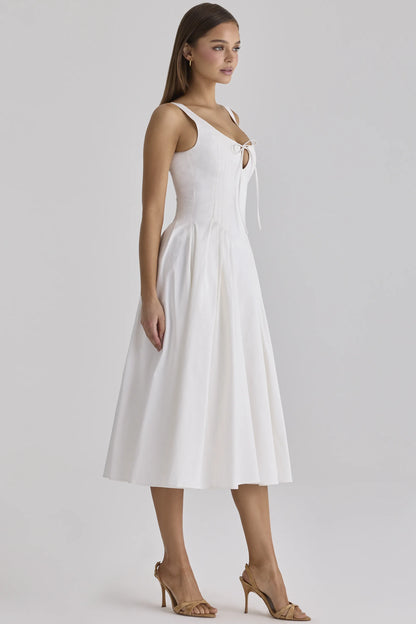 Alira White Pleated Cotton Peekaboo Midi Dress