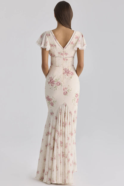 Amina Ivory Vintage Rose Print Georgette Maxi Tea Dress
