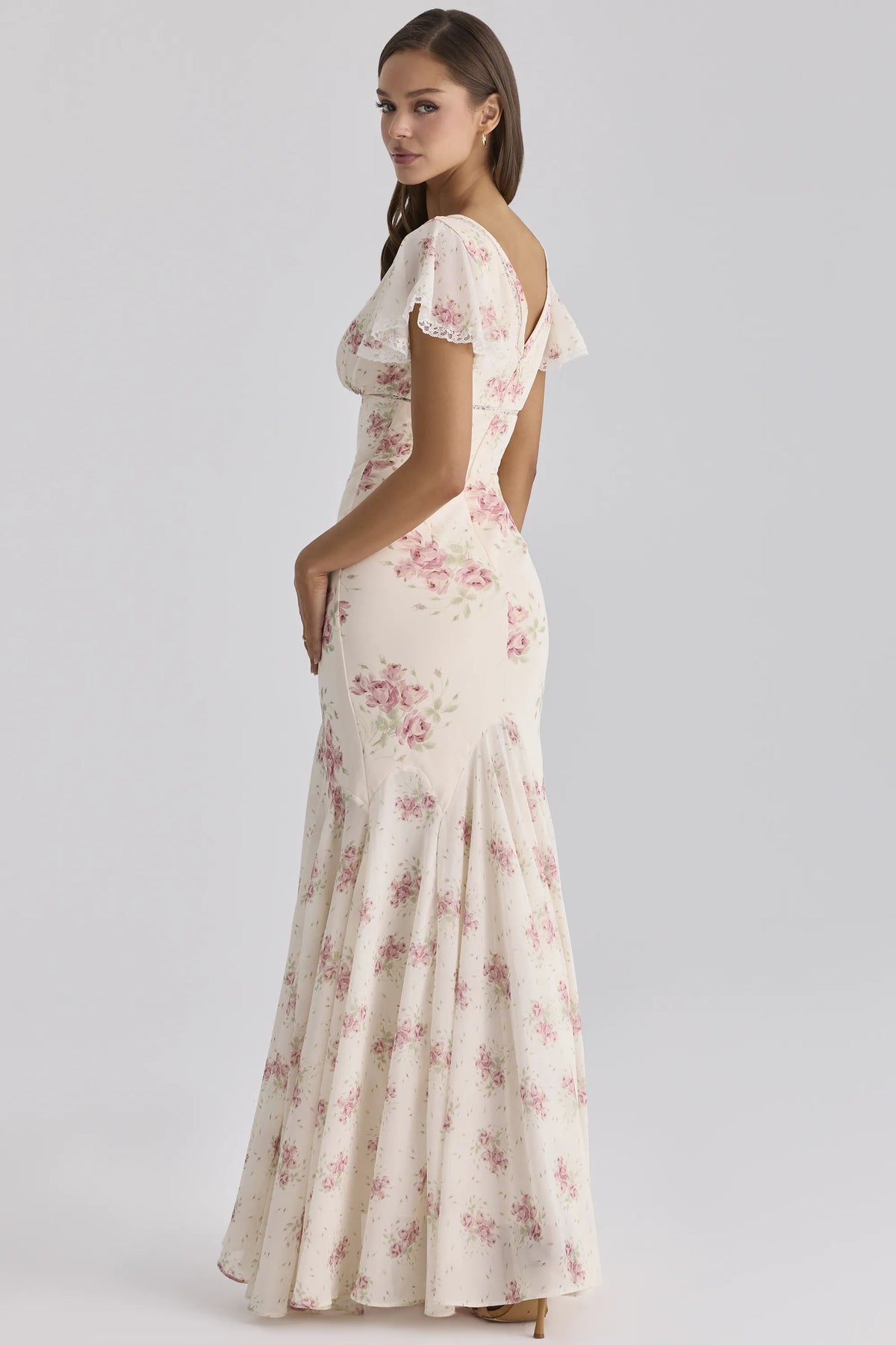 Amina Ivory Vintage Rose Print Georgette Maxi Tea Dress