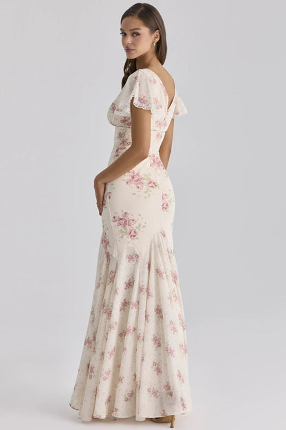 Amina Ivory Vintage Rose Print Georgette Maxi Tea Dress