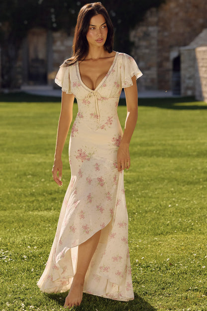 Amina Ivory Vintage Rose Print Georgette Maxi Tea Dress