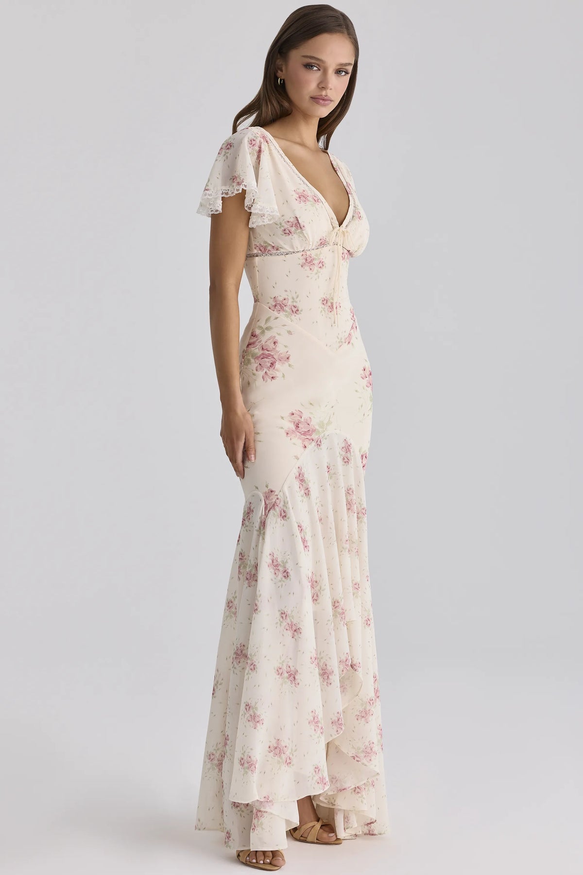 Amina Ivory Vintage Rose Print Georgette Maxi Tea Dress
