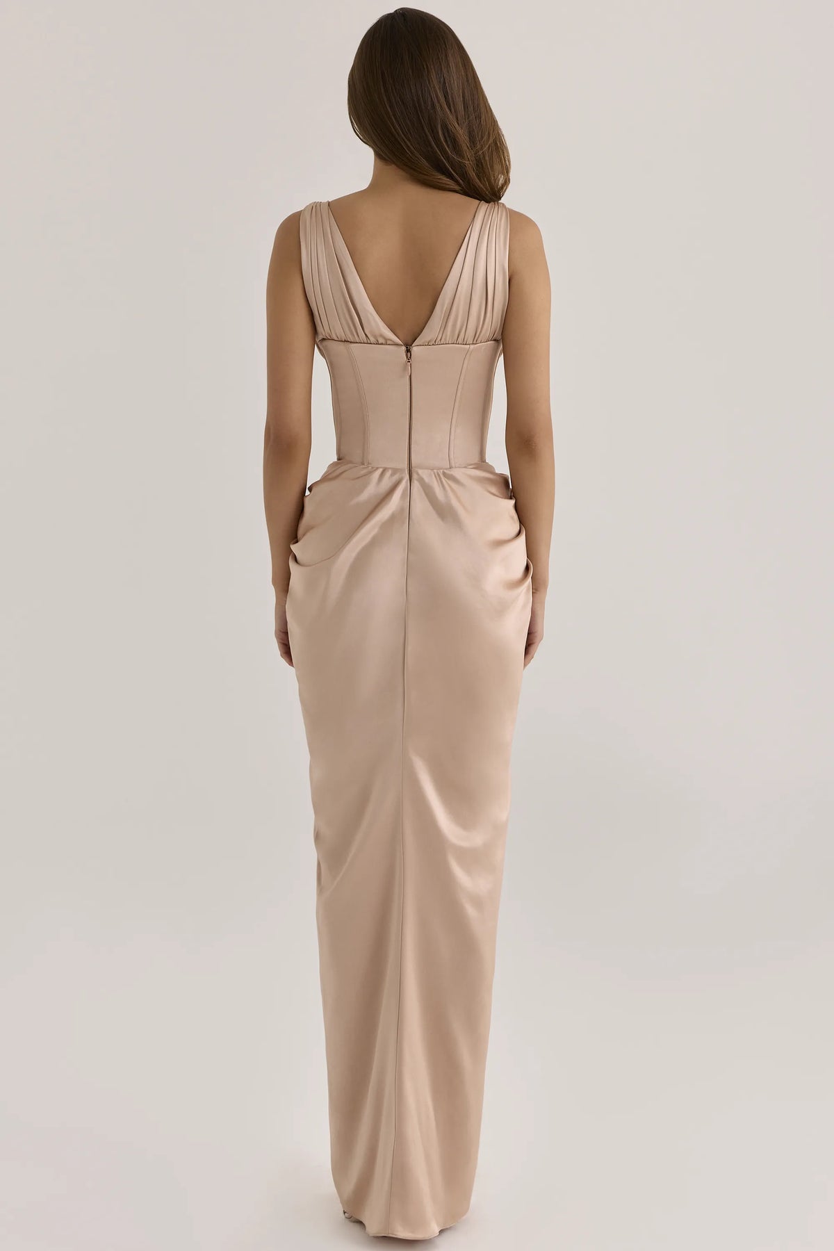 Angeline Champagne Satin Corset Maxi Dress