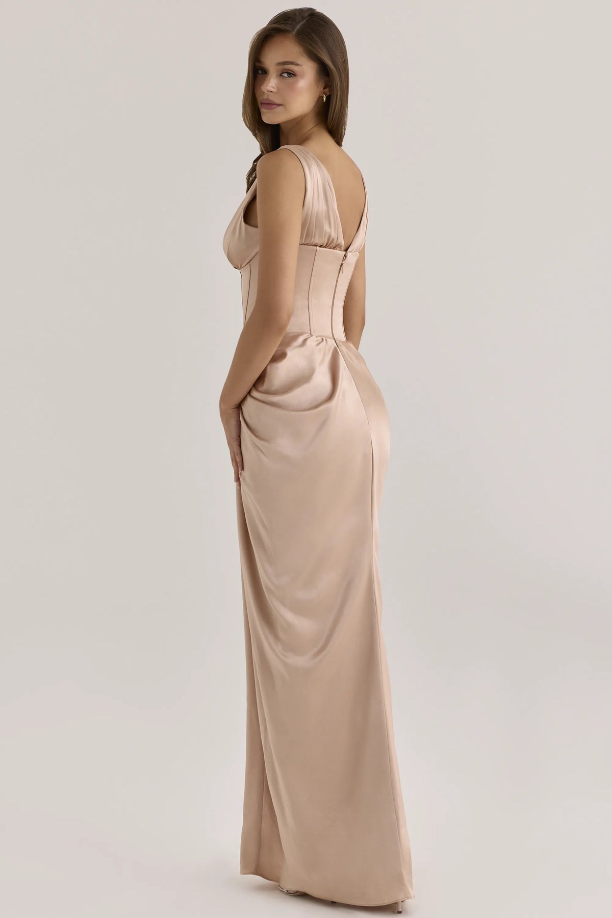 Angeline Champagne Satin Corset Maxi Dress