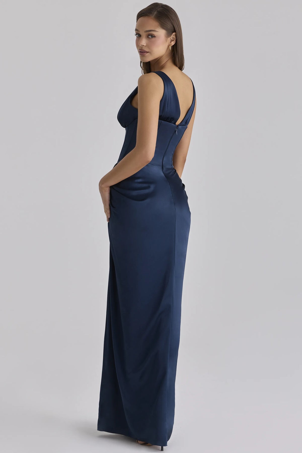 Angeline Navy Satin Corset Maxi Dress