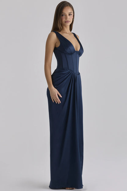 Angeline Navy Satin Corset Maxi Dress