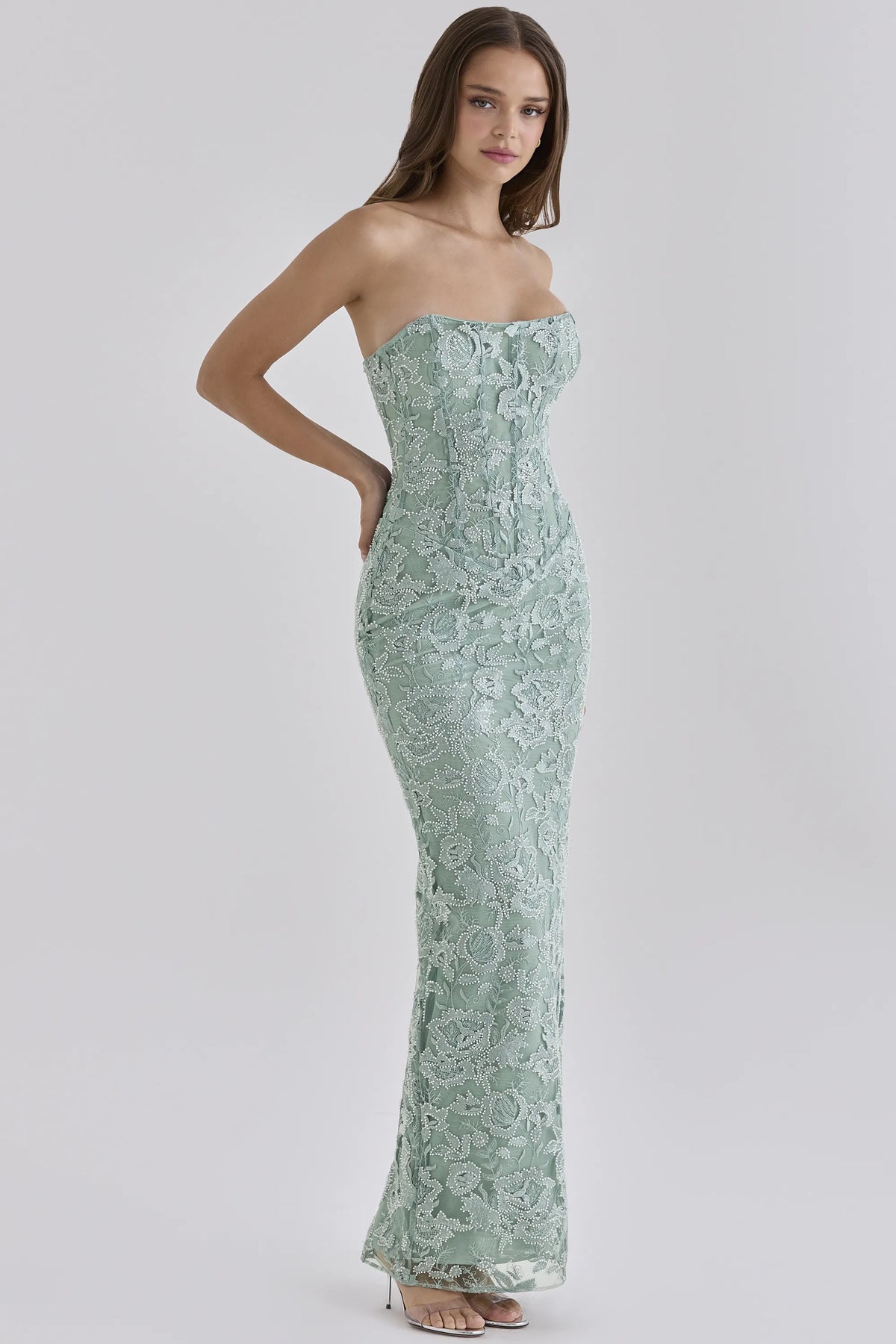 Anisa Jade Hand Beaded Embellished Strapless Maxi Dress