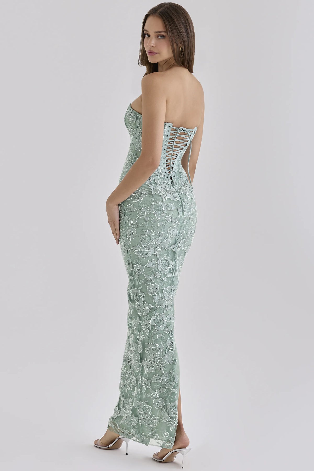Anisa Jade Hand Beaded Embellished Strapless Maxi Dress