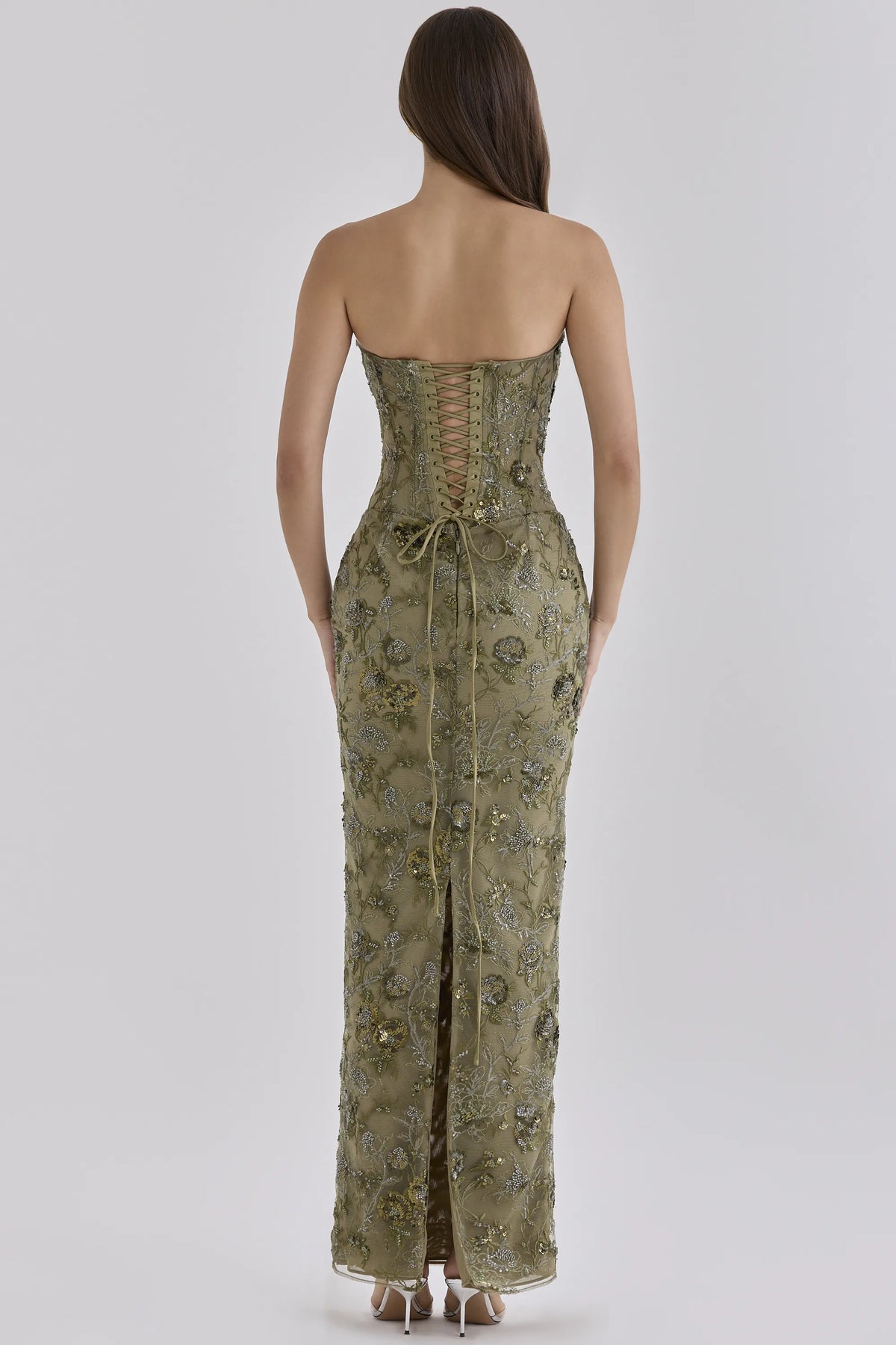 Anisa Olive Hand Beaded Embellished Strapless Maxi Dress - Limited Edition