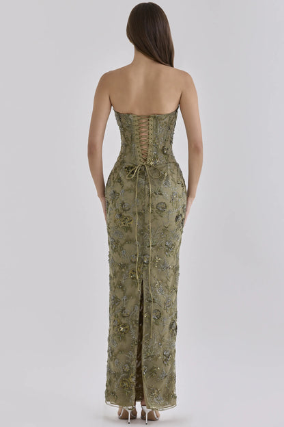 Anisa Olive Hand Beaded Embellished Strapless Maxi Dress - Limited Edition
