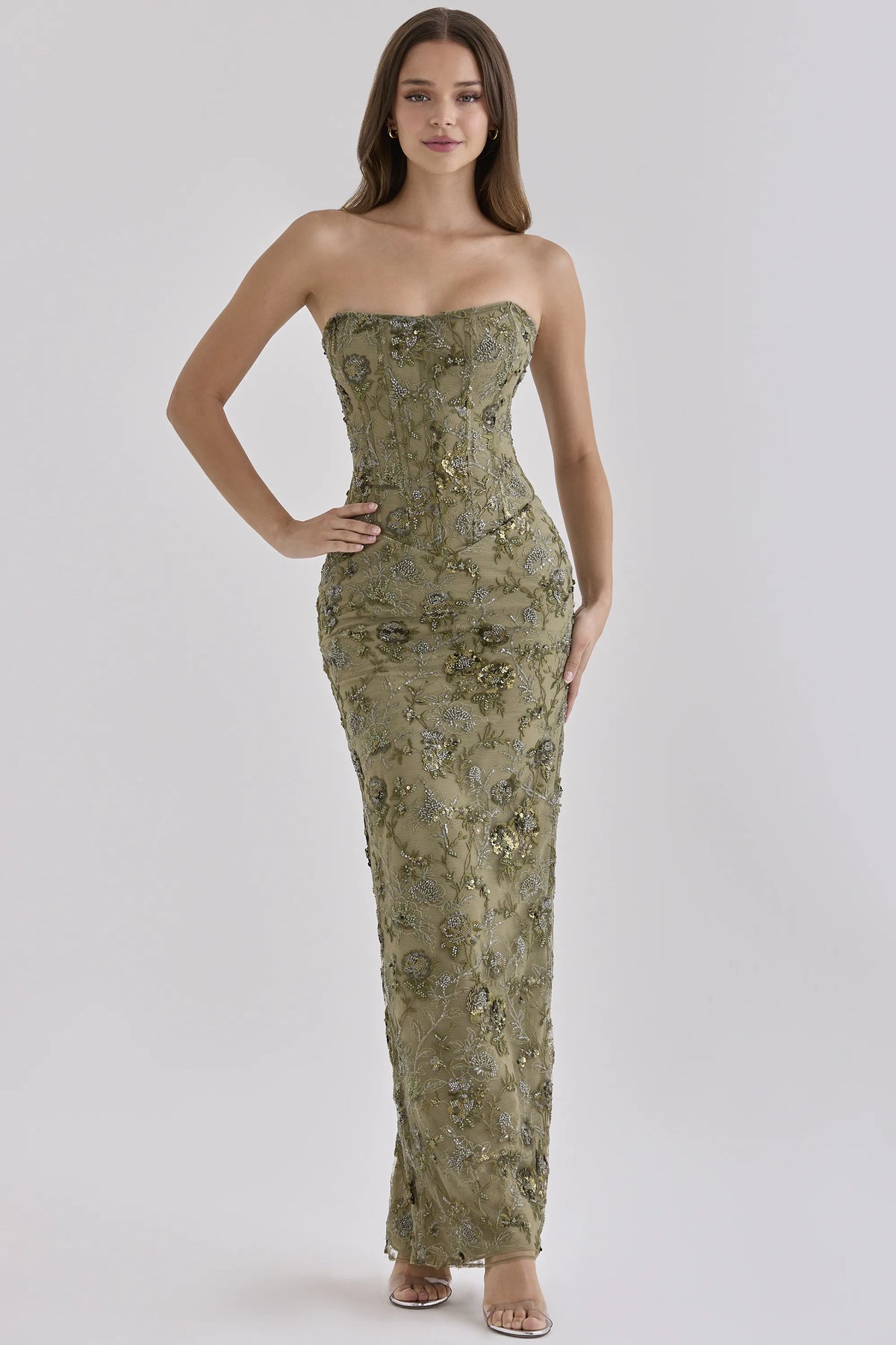 Anisa Olive Hand Beaded Embellished Strapless Maxi Dress - Limited Edition