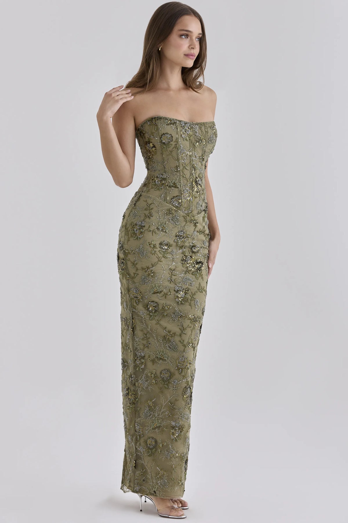 Anisa Olive Hand Beaded Embellished Strapless Maxi Dress - Limited Edition