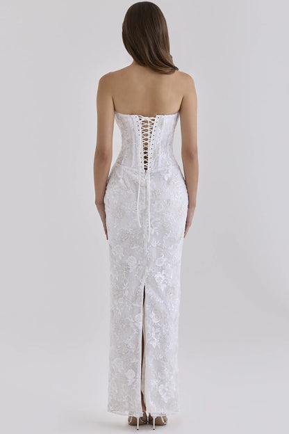 Anisa White Hand Beaded Embellished Strapless Maxi Dress