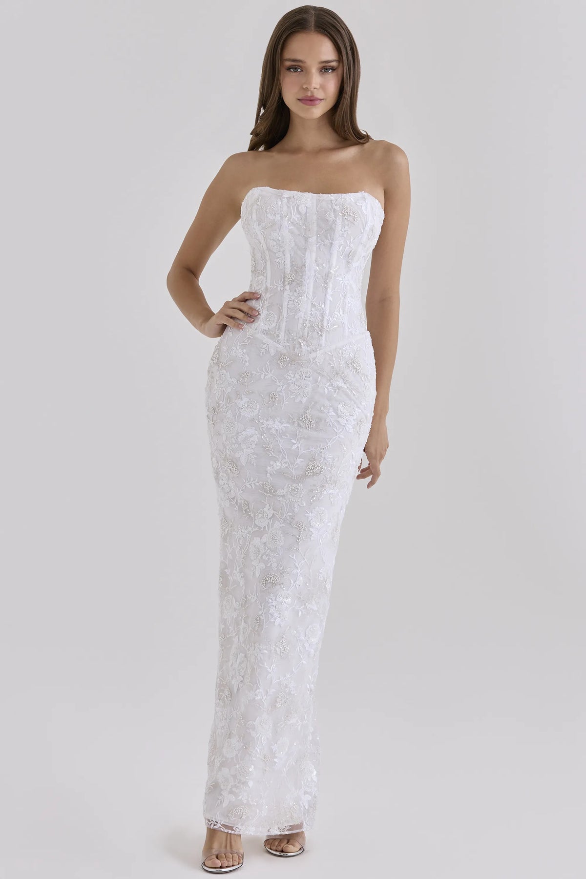 Anisa White Hand Beaded Embellished Strapless Maxi Dress