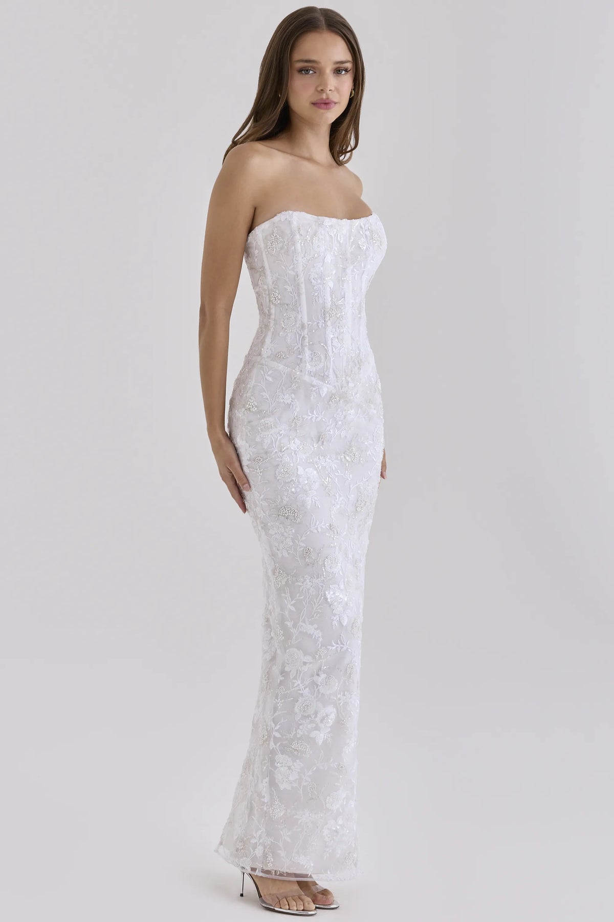 Anisa White Hand Beaded Embellished Strapless Maxi Dress