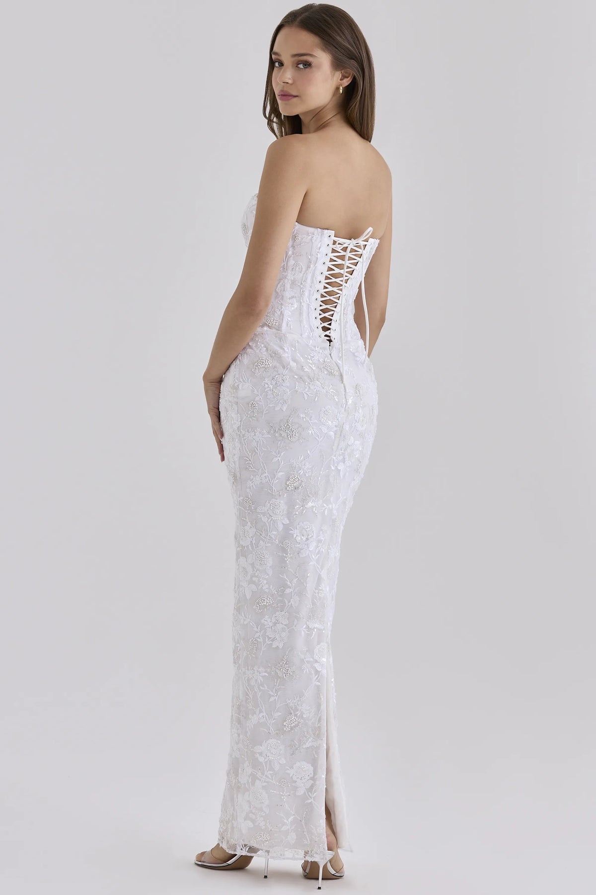 Anisa White Hand Beaded Embellished Strapless Maxi Dress