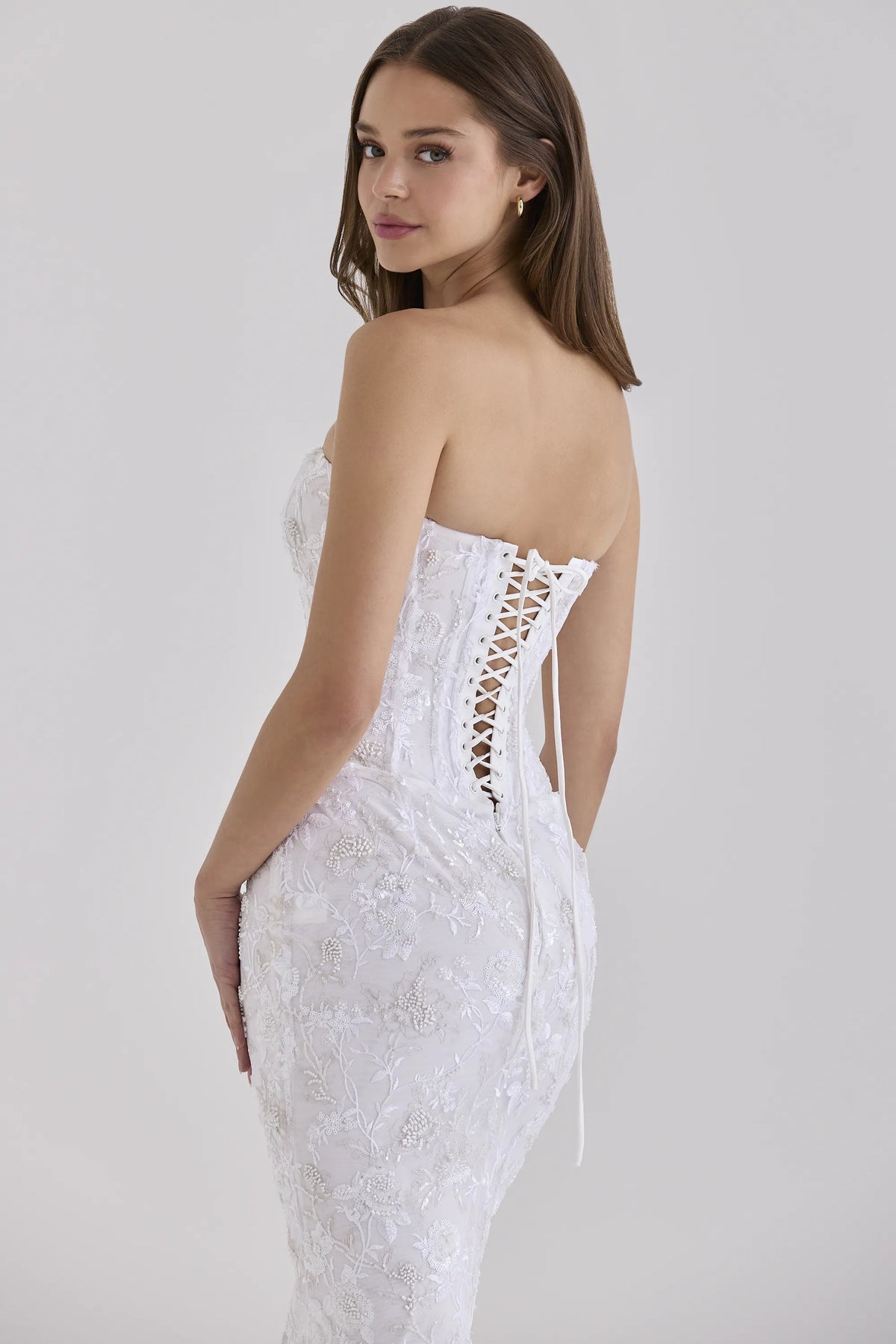 Anisa White Hand Beaded Embellished Strapless Maxi Dress