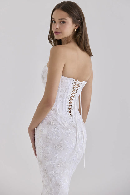Anisa White Hand Beaded Embellished Strapless Maxi Dress