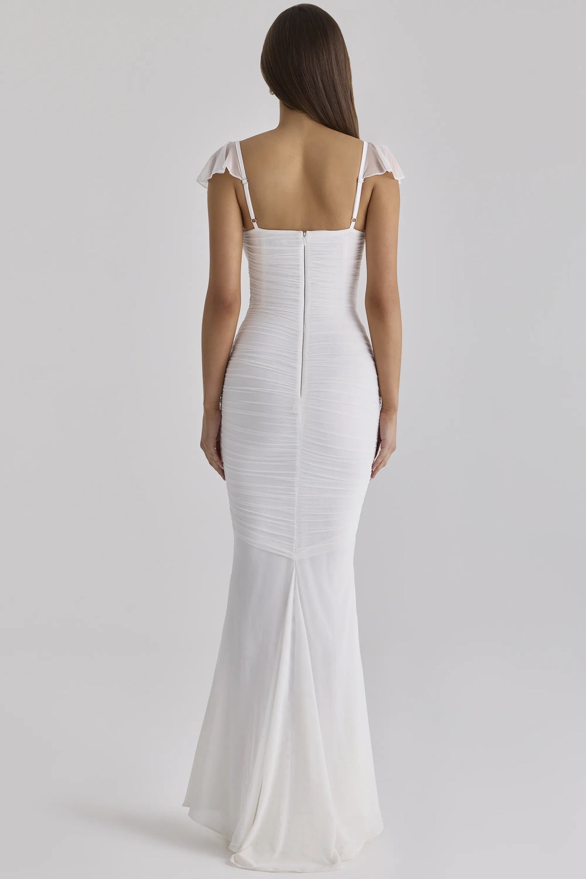 Antonella White Gathered Mesh Maxi Dress