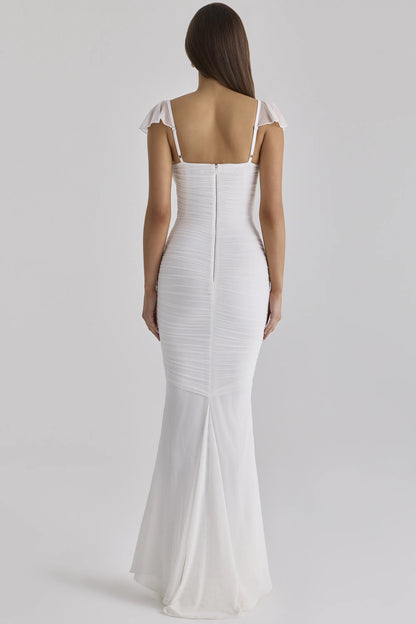 Antonella White Gathered Mesh Maxi Dress