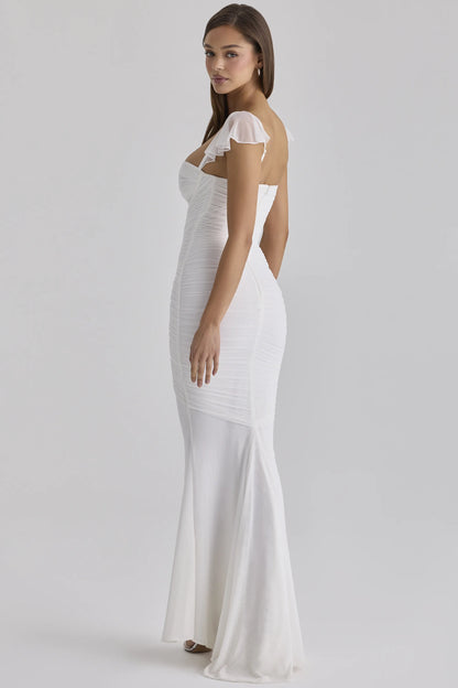 Antonella White Gathered Mesh Maxi Dress