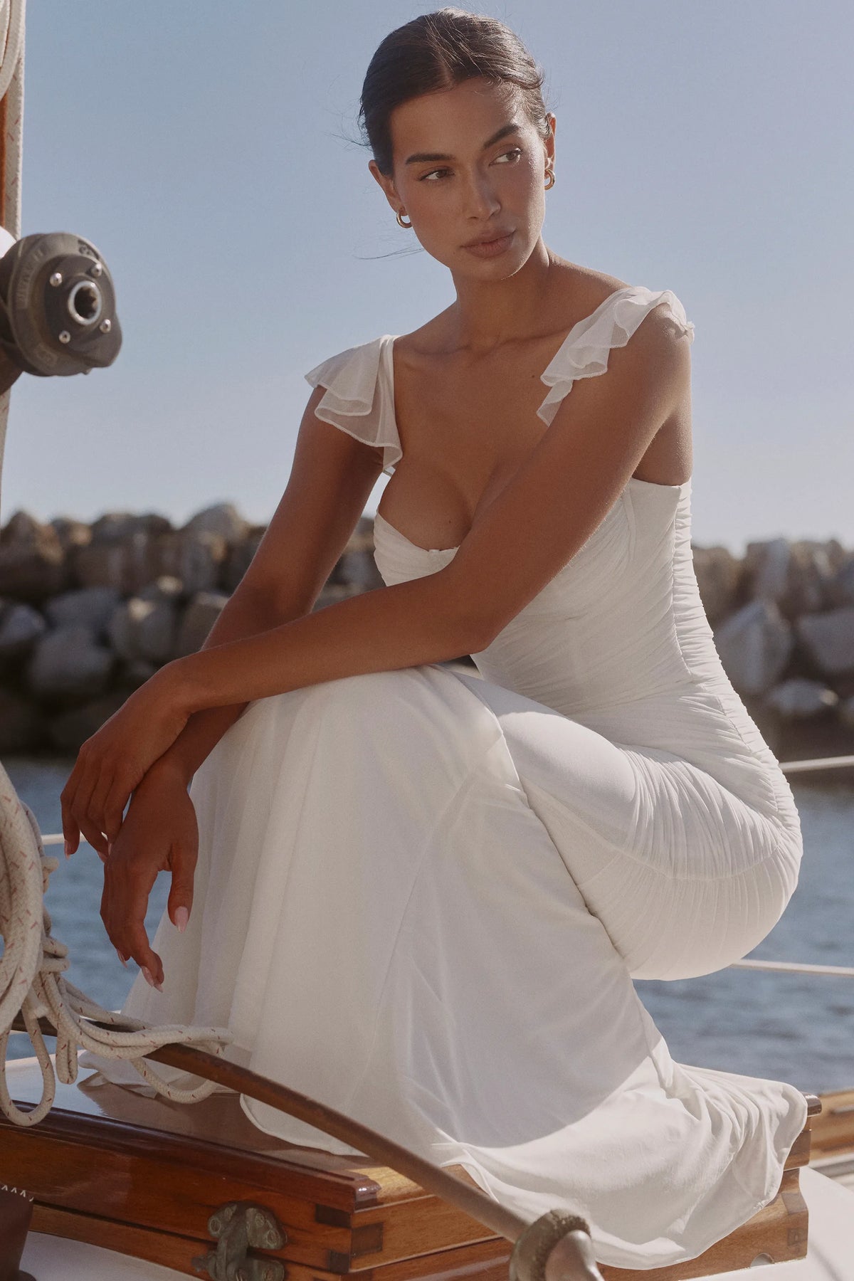 Antonella White Gathered Mesh Maxi Dress