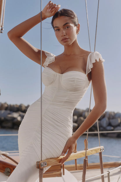 Antonella White Gathered Mesh Maxi Dress
