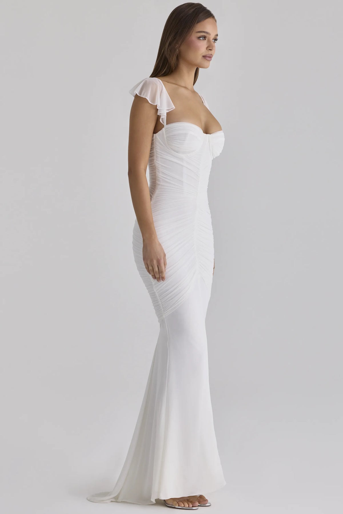 Antonella White Gathered Mesh Maxi Dress