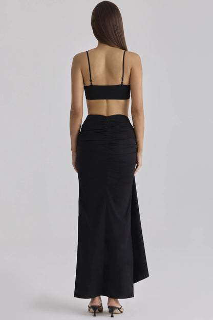 April Black Draped Cotton Midi Skirt