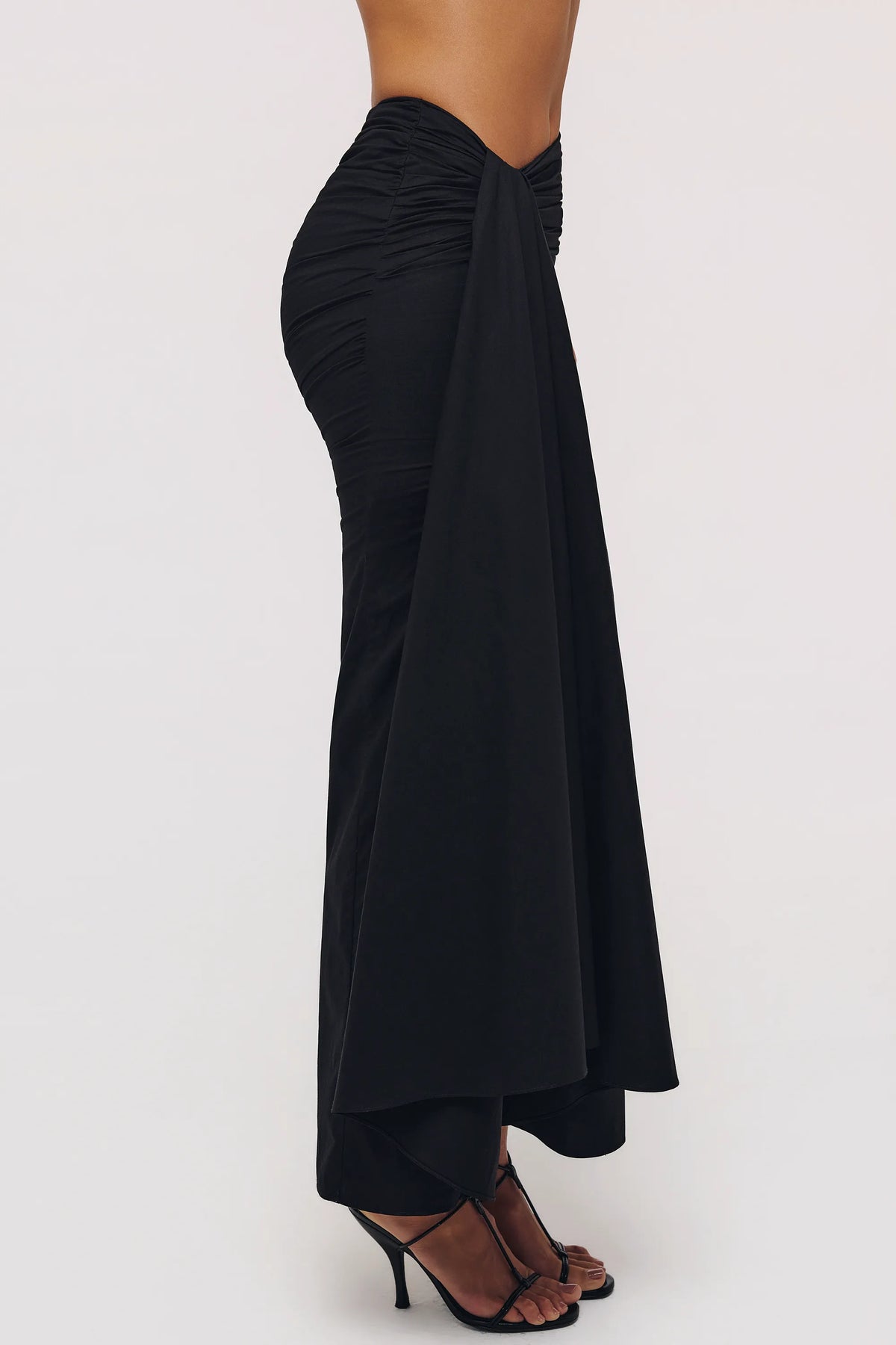 April Black Draped Cotton Midi Skirt