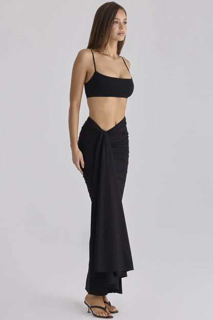 April Black Draped Cotton Midi Skirt