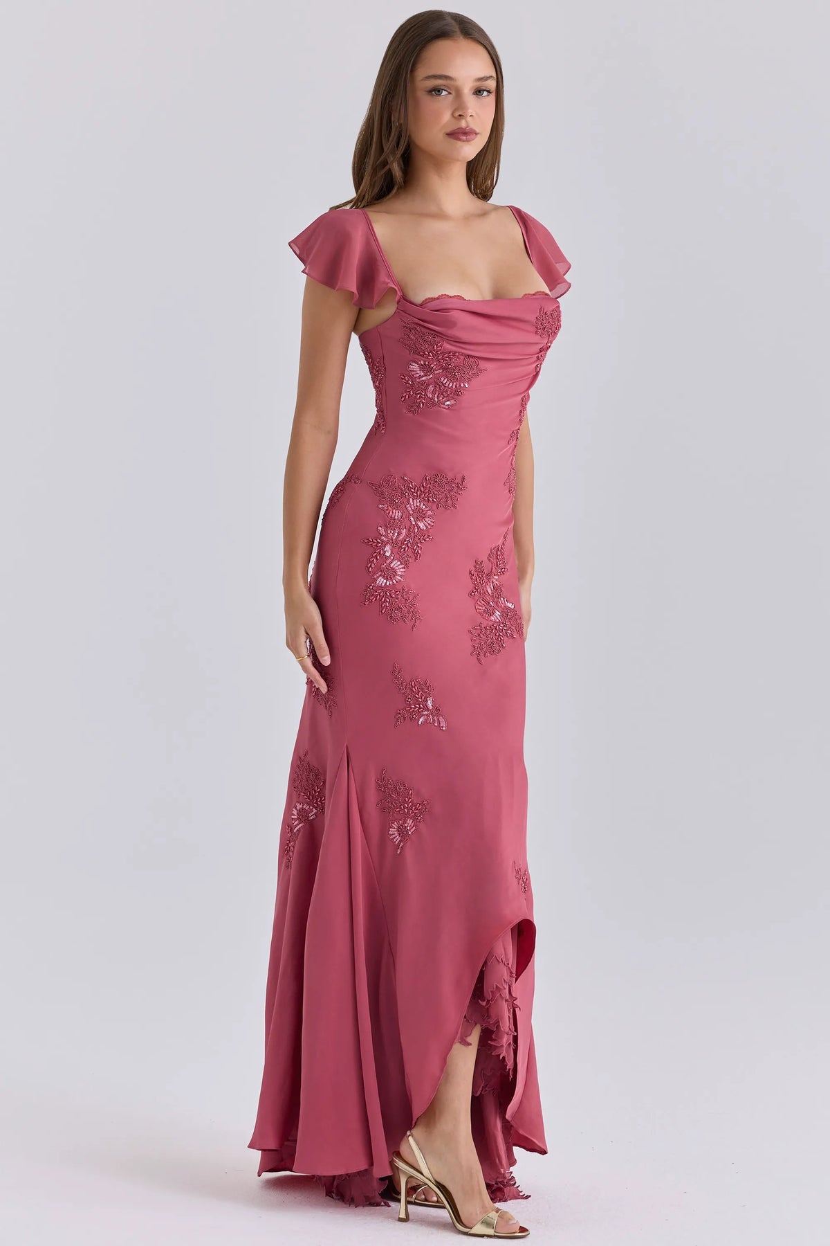 Arabella Rose Pink Satin Embellished Maxi Gown - Limited Edition