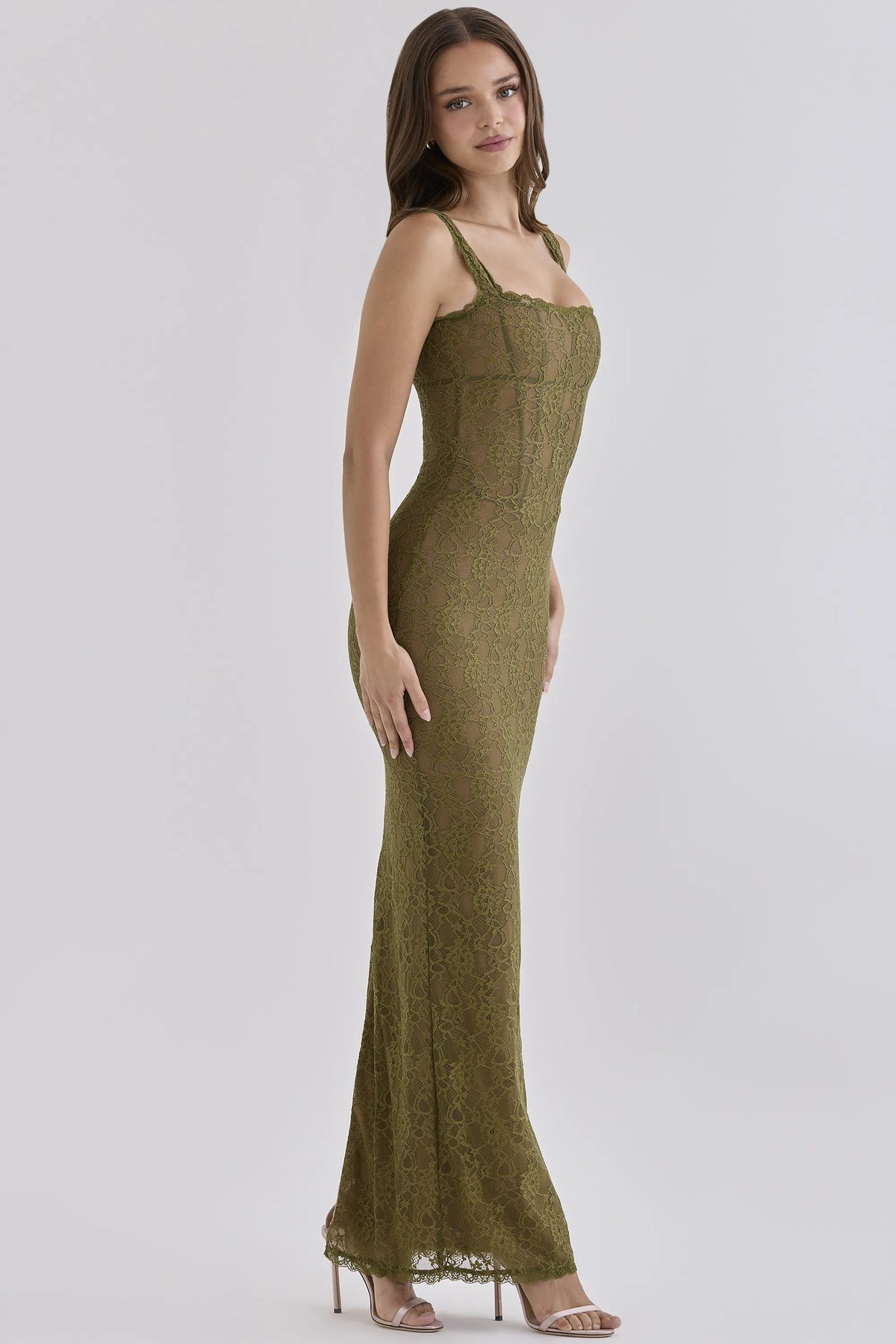 Aureliana Olive Lace Scallop Trim Maxi Dress