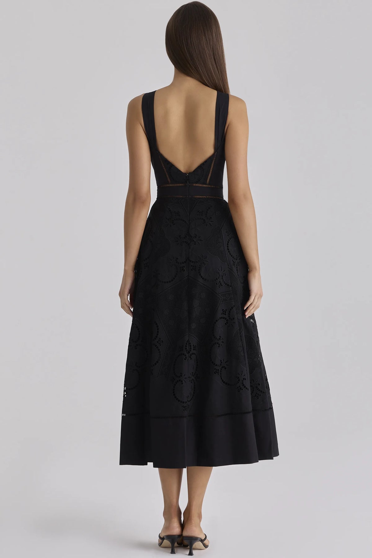 Ava Black Cotton Placement Broderie Anglaise Midi Dress