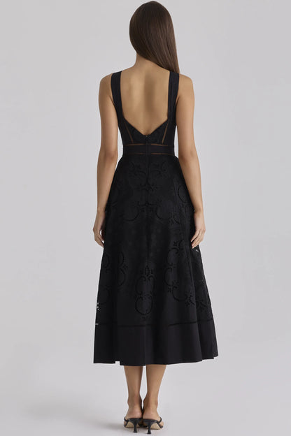 Ava Black Cotton Placement Broderie Anglaise Midi Dress