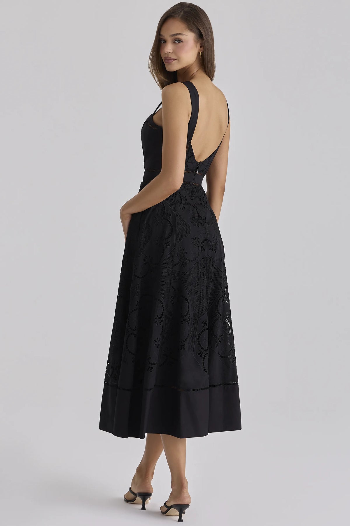 Ava Black Cotton Placement Broderie Anglaise Midi Dress