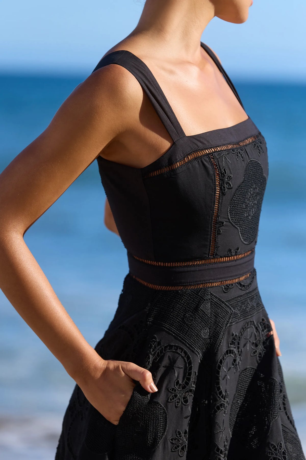Ava Black Cotton Placement Broderie Anglaise Midi Dress
