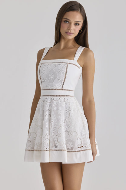 Ava White Custom Lace Cotton Broderie Anglaise Mini Sundress