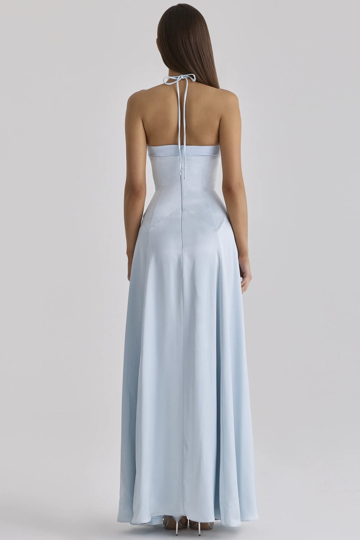 Avelina Blue Satin Halter Neck Godet Maxi Dress